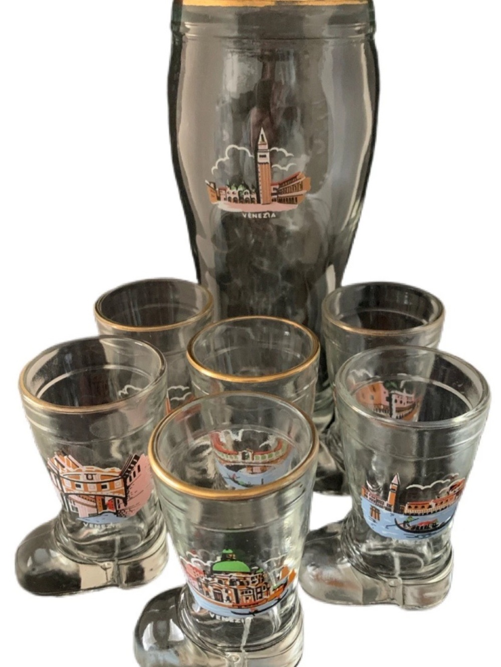 Vintage Venezia Italy Glass Beer Boot Shaped Clear Mug With Lot of 6 Mini Shot
